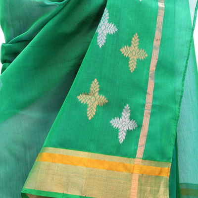 Cotton and silk shawl, 'Forever Emerald' - Emerald Green Cotton and Silk Shawl with Golden Flowers