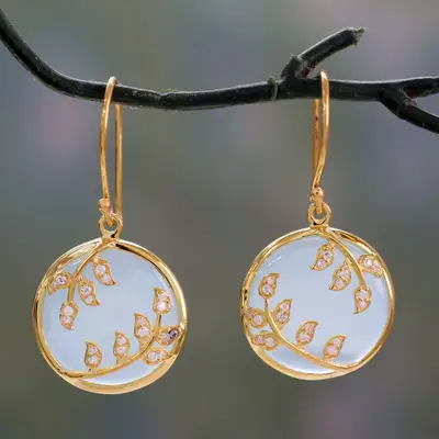 Gold vermeil chalcedony dangle earrings, 'Dewdrop Nature' - Gold Vermeil Aqua Chalcedony Earrings with Cubic Zirconia