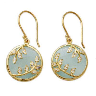 Gold vermeil chalcedony dangle earrings, 'Dewdrop Nature' - Gold Vermeil Aqua Chalcedony Earrings with Cubic Zirconia