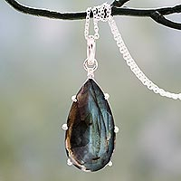 Labradorite pendant necklace, 'Dusky Droplet'