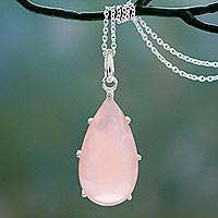 Chalcedony pendant necklace, 'Rose Droplet' - Hand Crafted Pink Chalcedony and Sterling Silver Necklace