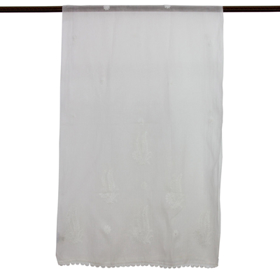 Mantón de algodón y seda, 'Ivory Ferns' - Mantón de algodón y seda bordado a mano en marfil sobre marfil