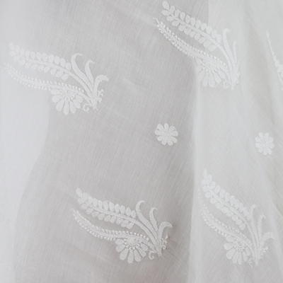 Cotton and silk shawl, 'Ivory Ferns' - Ivory on Ivory Hand Embroidered Cotton and Silk Shawl