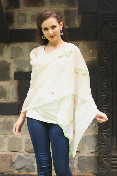 Cotton and silk shawl, 'Fresh Ferns' - Green and Orange Embroidered Off-White Cotton Silk Shawl