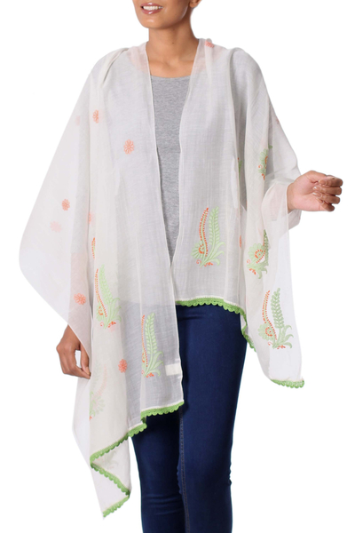 Chal de algodón y seda - Mantón de algodón y seda blanco roto bordado verde y naranja
