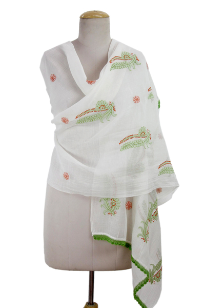 Cotton and silk shawl, 'Fresh Ferns' - Green and Orange Embroidered Off-White Cotton Silk Shawl