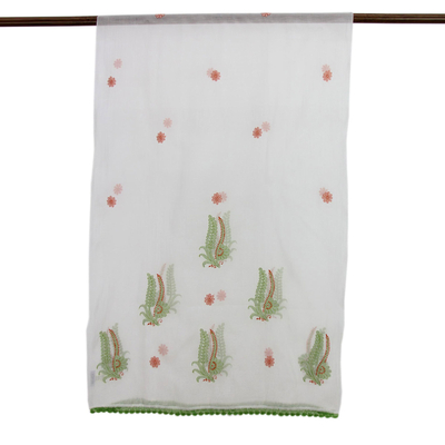 Chal de algodón y seda - Mantón de algodón y seda blanco roto bordado verde y naranja