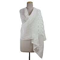 Cotton and silk shawl, 'Ivory Garland' - Ivory on Ivory Hand Embroidered Cotton and Silk Shawl