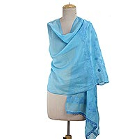 Cotton and silk shawl, 'Turquoise Garden' - Turquoise Color Hand Embroidered Cotton and Silk Shawl