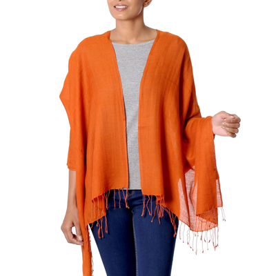 Silk and wool shawl, 'Rustic Beauty' - Artisan Crafted Solid Orange Silk Blend Shawl from India