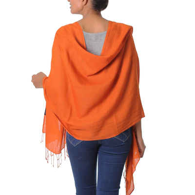 Mantón de seda y lana - Mantón de mezcla de seda naranja sólido hecho a mano artesanalmente de la India