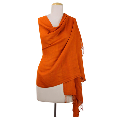 Mantón de seda y lana - Mantón de mezcla de seda naranja sólido hecho a mano artesanalmente de la India