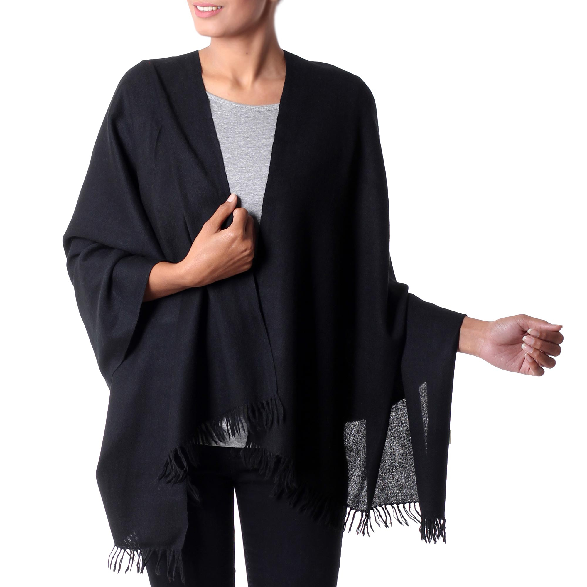 Fair Trade Solid Black 100% Wool Shawl from India - Dark Fantasy | NOVICA