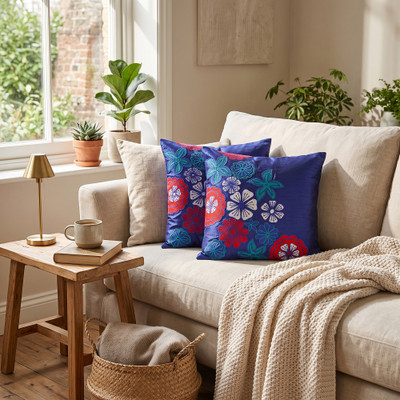 Applique cushion covers, 'Sapphire Garden' (pair) - Pair of Embroidered Applique Blue Floral Cushion Covers