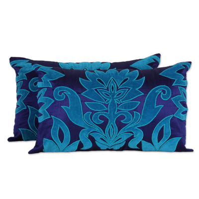Applique cushion covers, 'Sapphire Grandeur' (pair) - Two Blue and Turquoise Embroidered Applique Cushion Covers