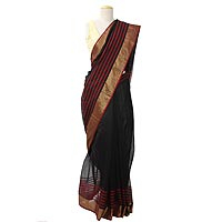 Cotton and silk sari, 'Midnight Goddess' - Handmade Red and Black Cotton and Silk Sari with Gold Border