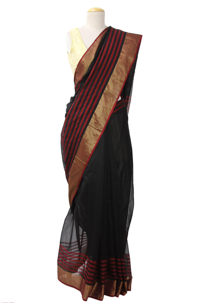 Handmade Red and Black Cotton and Silk Sari with Gold Border