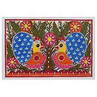 Madhubani painting, 'Spring Song' - Colorful Madhubani Painting of Peacocks from India
