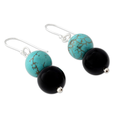 Onyx dangle earrings, 'Azure at Midnight' - Onyx Earrings with Reconstituted Turquoise Crafted in India