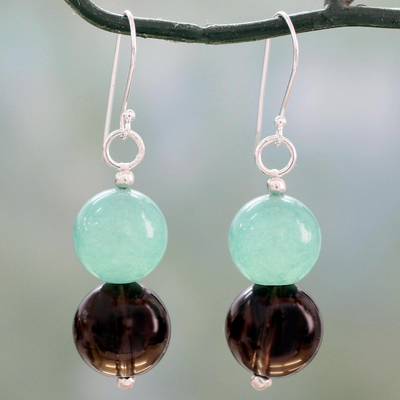 Smoky quartz dangle earrings, 'Mint in the Mist' - Smoky Quartz and Green Quartz Silver Hook Dangle Earrings