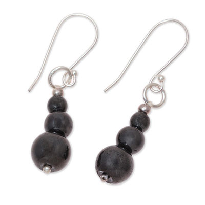 Hematite dangle earrings, 'Mysteries of the Night' - Far Trade Hematite Earrings with Sterling Silver Hooks
