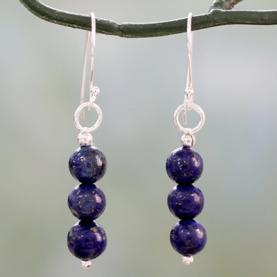 Lapis lazuli dangle earrings, 'Blue Mysteries' - Handcrafted Indian Lapis Lazuli Earrings with Silver Hooks