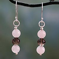Rose quartz and smoky quartz dangle earrings, 'Subtle Mysteries' - Handcrafted Rose Quartz Earrings with Smoky Quartz