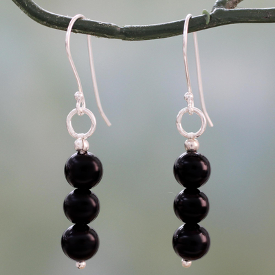 Onyx dangle earrings, 'Midnight Radiance' - Hand Crafted Onyx and Sterling Silver Dangle Earrings