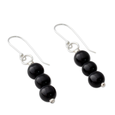 Onyx dangle earrings, 'Midnight Radiance' - Hand Crafted Onyx and Sterling Silver Dangle Earrings