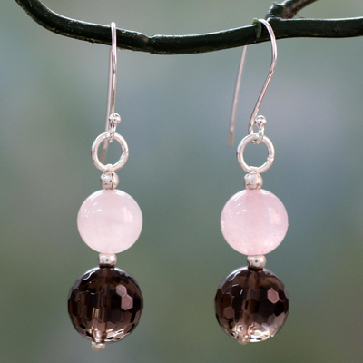 Smoky quartz and rose quartz dangle earrings, 'Earthy Love' - Rose Quartz and Smoky Quartz Dangle Earrings from India