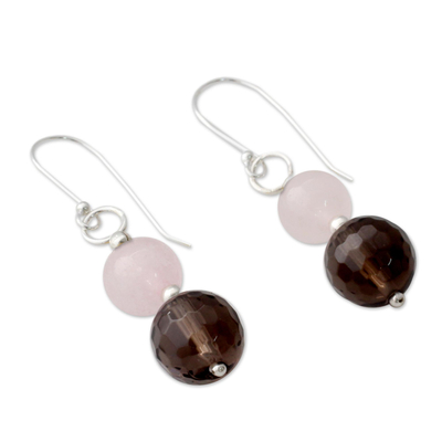 Smoky quartz and rose quartz dangle earrings, 'Earthy Love' - Rose Quartz and Smoky Quartz Dangle Earrings from India