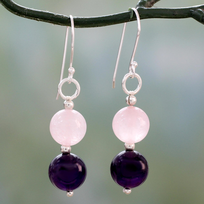 Amethyst and rose quartz dangle earrings, 'Dreamy Affair' - Hand Crafted Amethyst and Rose Quartz Dangle Earrings
