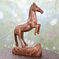 Wood sculpture, 'Rearing Horse' - Artisan Crafted Walnut Wood Sculpture of Rearing Horse