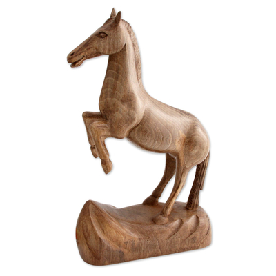Wood sculpture, 'Rearing Horse' - Artisan Crafted Walnut Wood Sculpture of Rearing Horse
