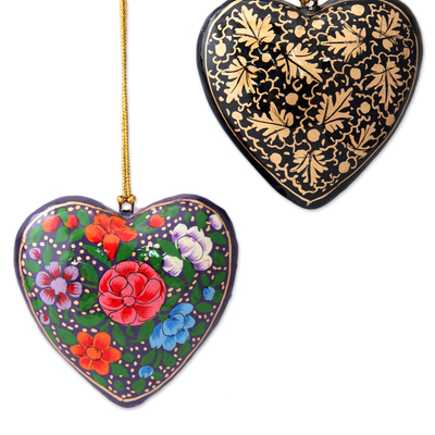 4 Floral Hearts Artisan Crafted Papier Mache Ornaments Set
