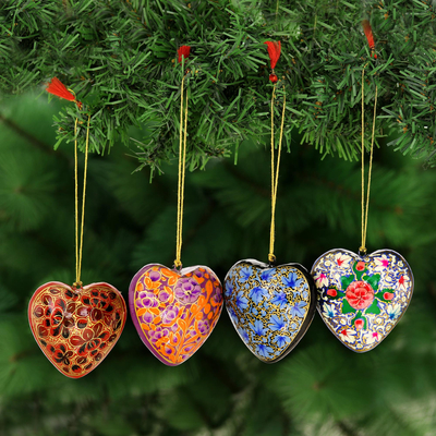 Papier mache ornaments, Bouquet of Hearts (set of 4)