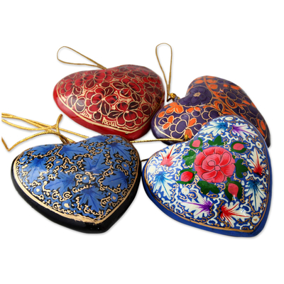 Papier mache ornaments, 'Bouquet of Hearts' (set of 4) - 4 Artisan Crafted Papier Mache Ornaments Flower Hearts Set