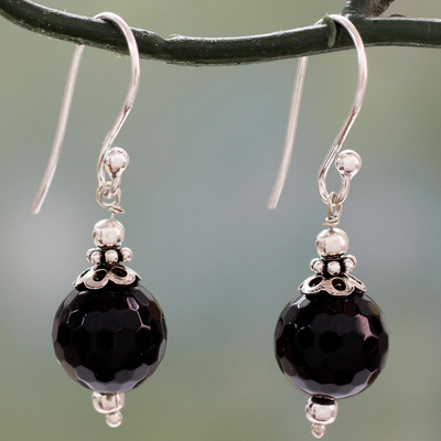 Onyx dangle earrings, 'Glorious Black' - Artisan Crafted Sterling Silver Earrings with Black Onyx