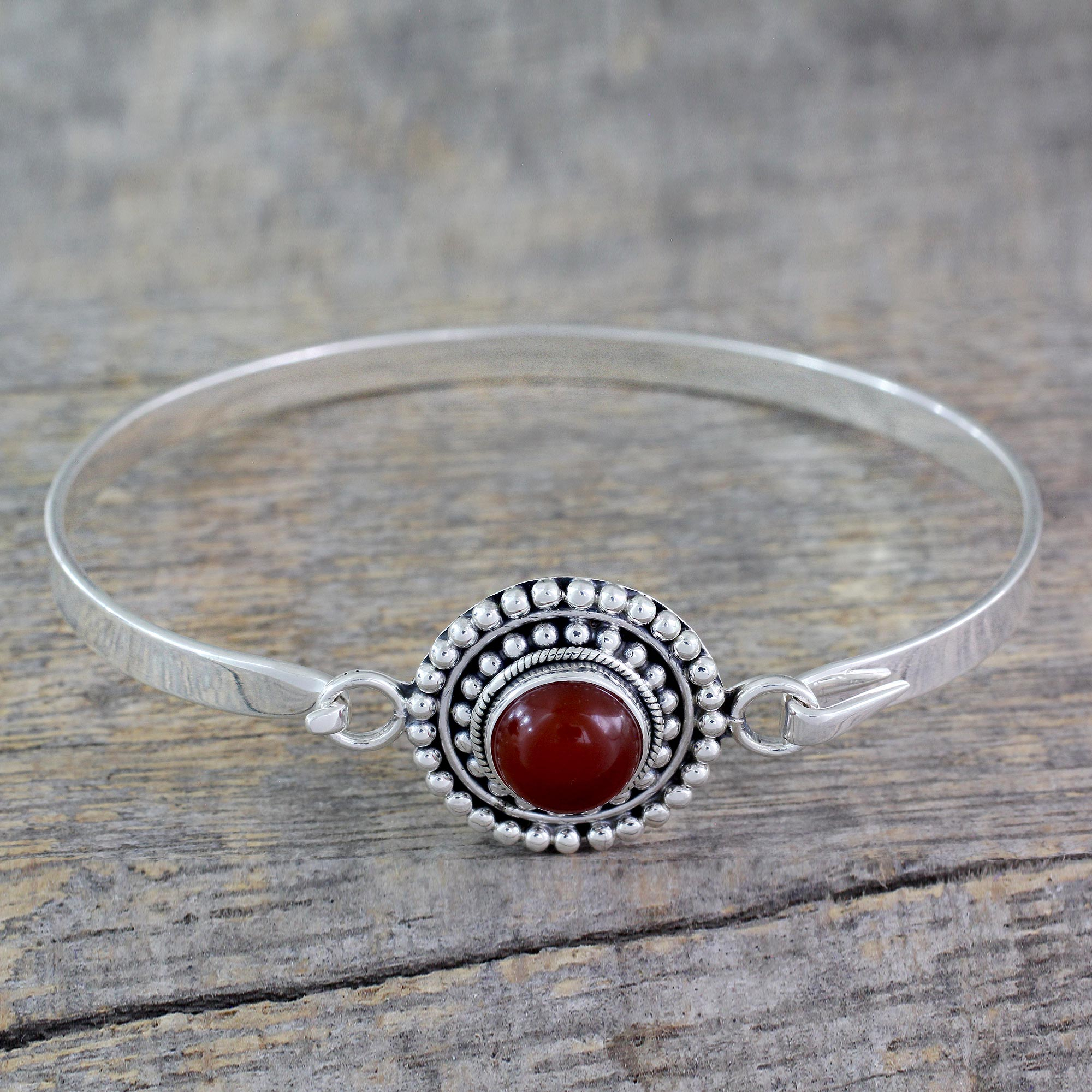 Handcrafted Carnelian and Sterling Silver Bangle Bracelet, 'Passionately'