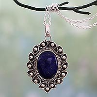 Lapis lazuli pendant necklace, 'Blossoming Legacy' - Lapis Lazuli and Sterling Silver Flower Necklace from India