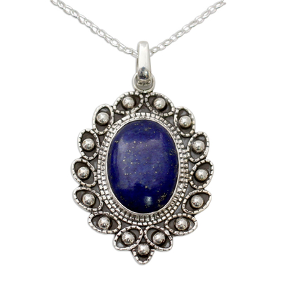 Lapis Lazuli and Sterling Silver Flower Necklace from India