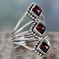 Garnet cocktail ring, 'Deep Red Diamonds' - Red Garnet Artisan Crafted Indian Silver Cocktail Ring