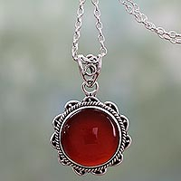 Indian Handcrafted Sterling Silver and Carnelian Necklace,'Burst of Passion'