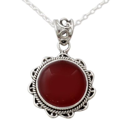 Carnelian pendant necklace, 'Burst of Passion' - Indian Handcrafted Sterling Silver and Carnelian Necklace
