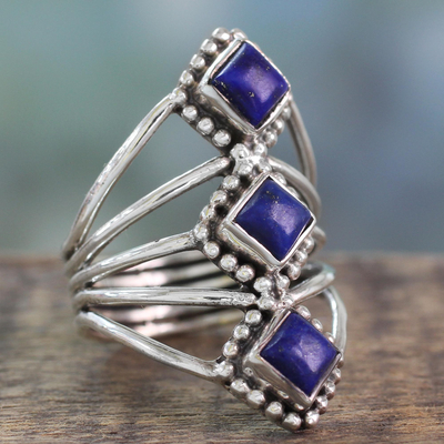 Lapis lazuli cocktail ring, 'Deep Blue Diamonds' - Artisan Crafted Lapis Lazuli and Silver Ring from India