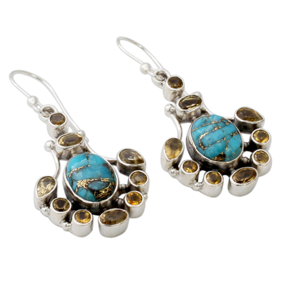 Citrine dangle earrings, 'Droplets of Sunshine' - Sterling Silver Citrine Earrings with Composite Turquoise