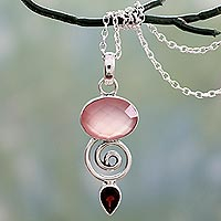 Indian Silver Necklace with Pink Chalcedony and Garnet,'Romantic Journey'