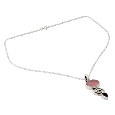 Garnet and chalcedony pendant necklace, 'Romantic Journey' - Indian Silver Necklace with Pink Chalcedony and Garnet