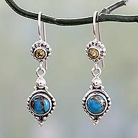 Citrine dangle earrings, 'Sweet Reverie' - Citrine Sterling Silver Earrings with Composite Turquoise