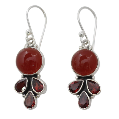 Carnelian and garnet dangle earrings, 'Ardent Color' - Colorful Fair Trade Gemstone Earrings from India